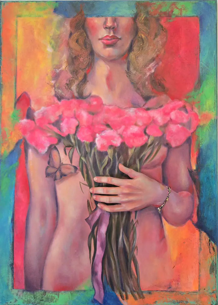 Blommor och en flicka...Instagram - Olja - Figurative - 50×65 cm av Lana Blink