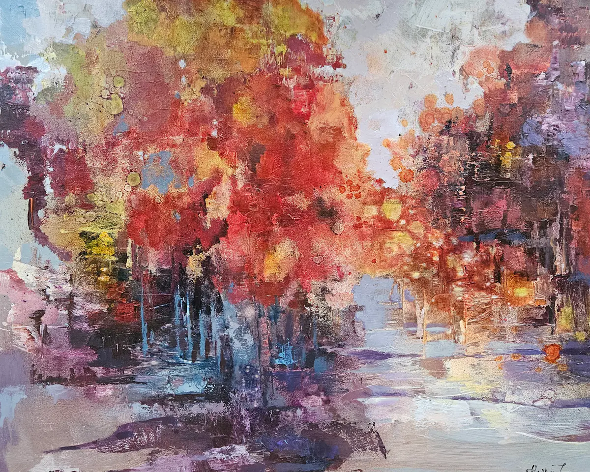 Autumn Passage. Large abstract painting, earth tones, crimson, amber, violet - Akryl - Abstract - 90×70 cm av Tatiana Hellum