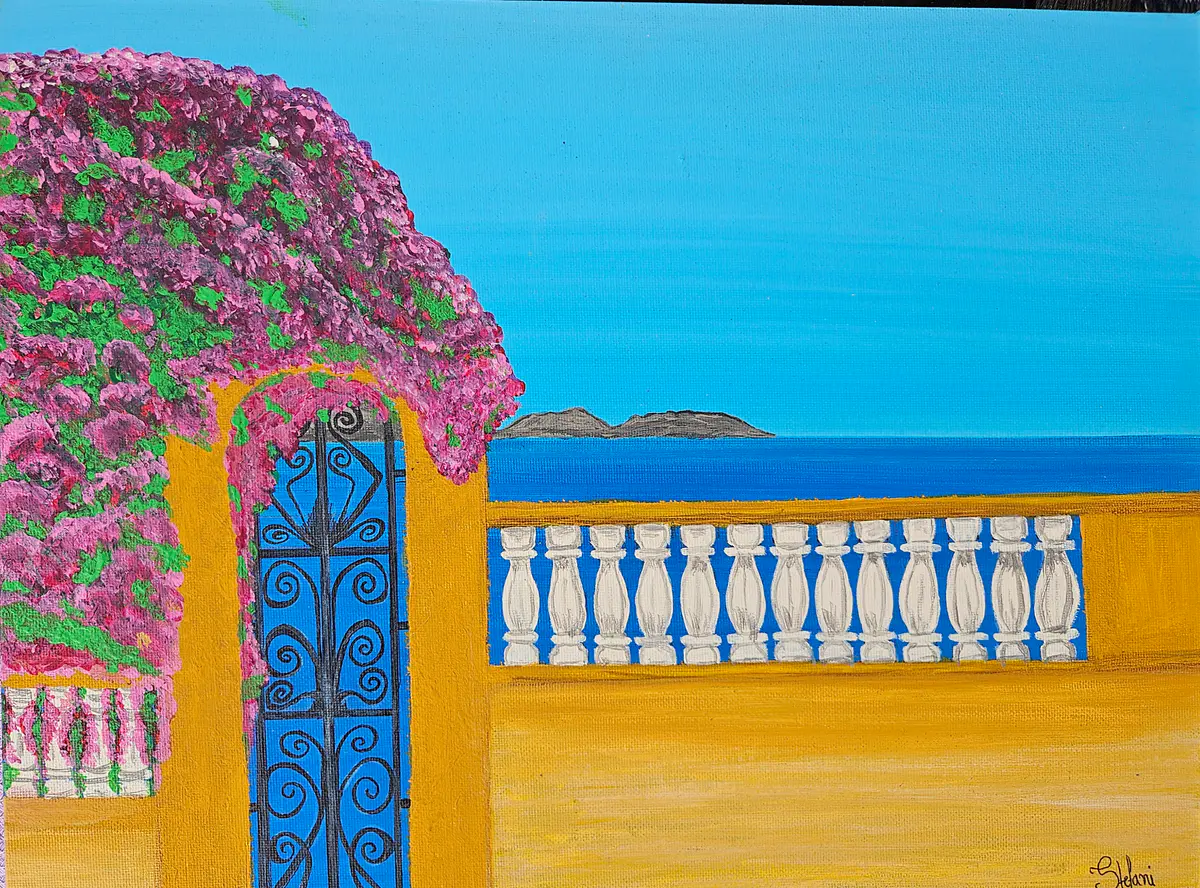 Blomstrande Bougainvillea vid Medelhavets Kant - Akryl - Pop Art - 30×40 cm av Stefani Miletic
